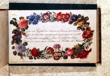 Frontispiece of a visitors book decorated with an epigram in German surrounded by a garland of flowers, dated 1st April, 1813